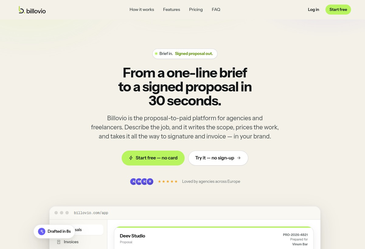 Billovio, a quote written, priced and sent from a single sentence